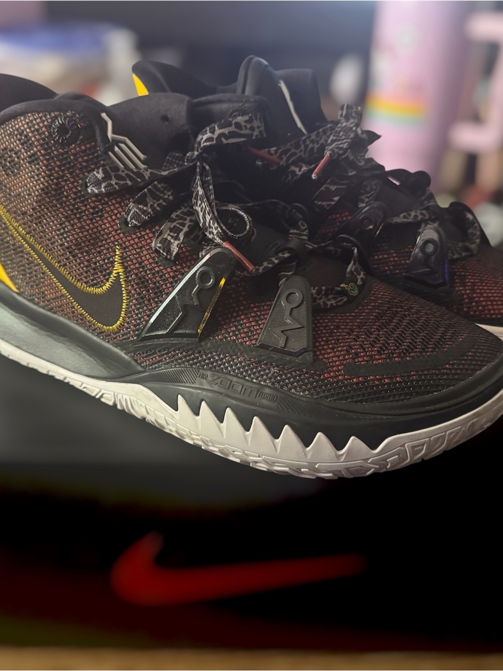 Nike Kyrie 7 Roswell Rayguns
Black/Gold/Orange 
Basketball Shoes
Pre-Owned